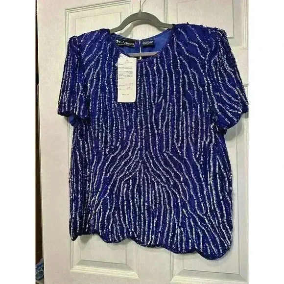 Vintage Jewel Queen Size 1X Blue Sequin Pure Silk Short Sleeve Evening Blouse - Picture 1 of 5